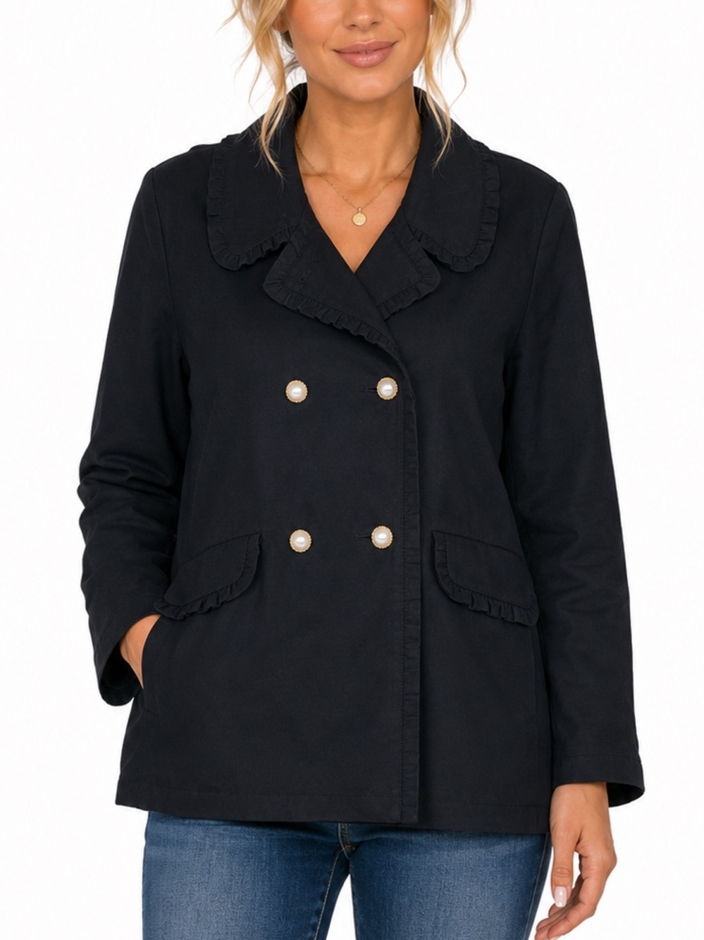 kate spade Broome Street Black Ruffle Collar Coat with Pearl Buttons - Size 4